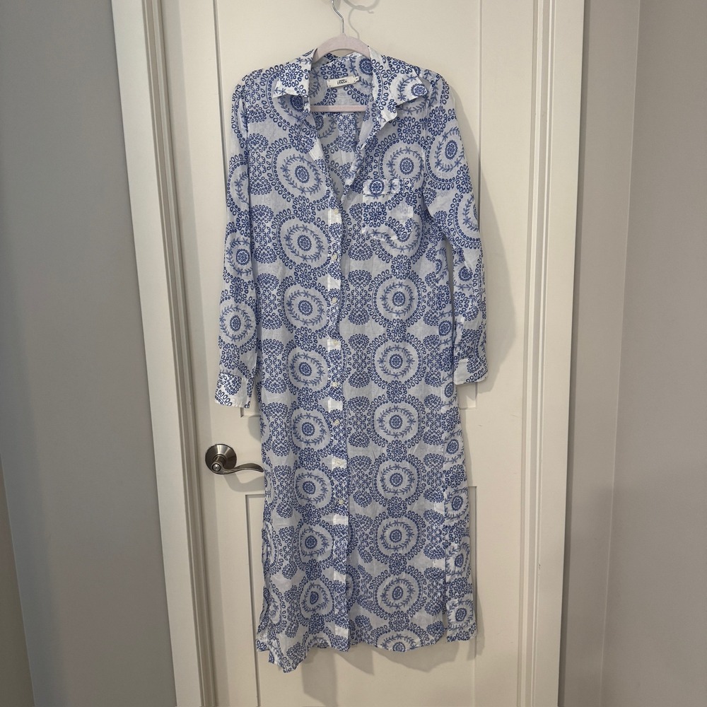0039 Italy Taya Dress Blue White Embroidered Cotton Maxi Shirt Dress Small